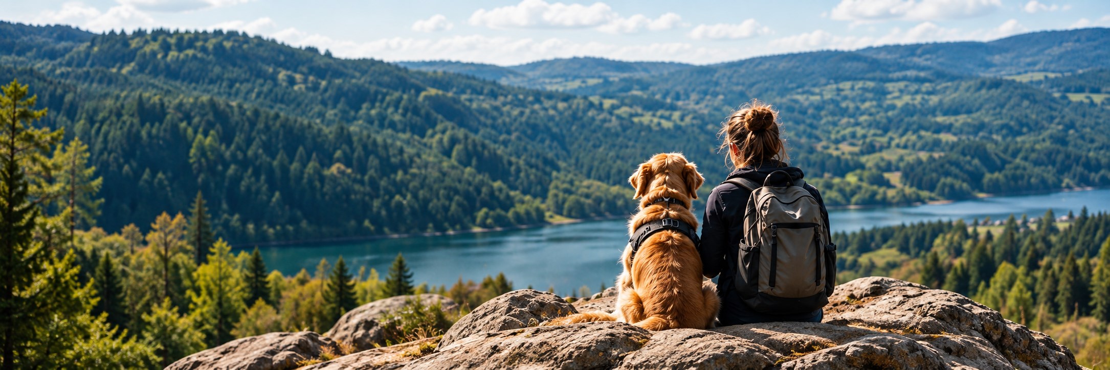 Una mujer y su perro sentados en una roca contemplando un lago entre montañas